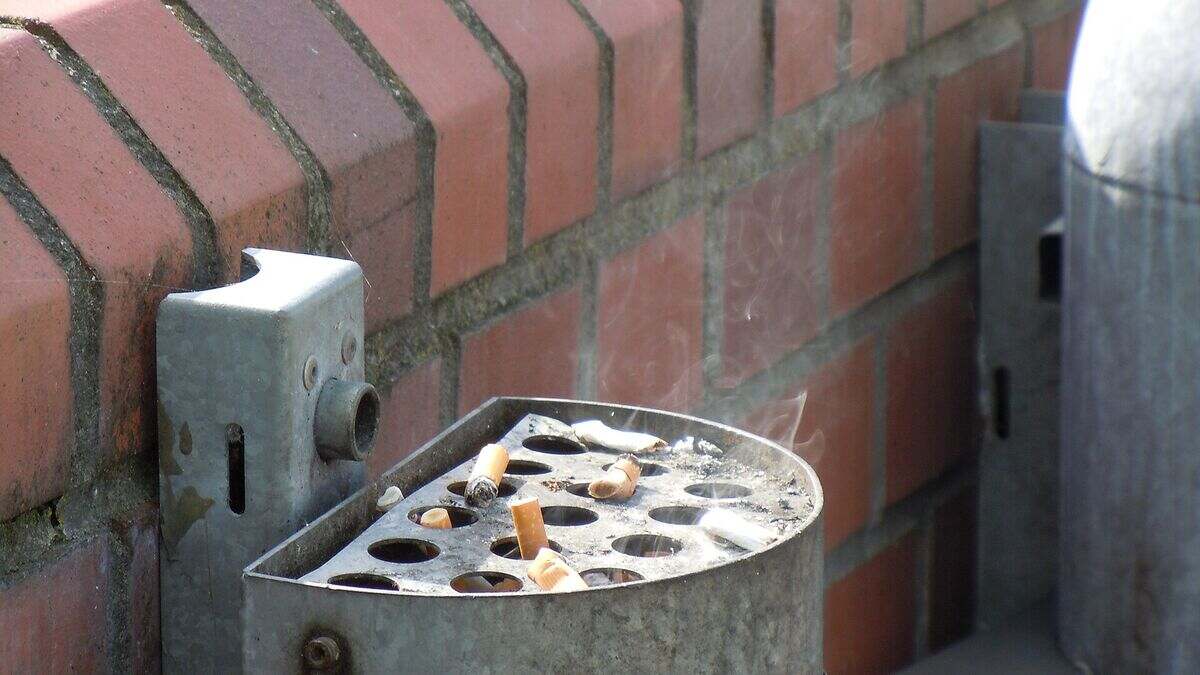 Venkovní popelník s nedopalky u cihlové zdi