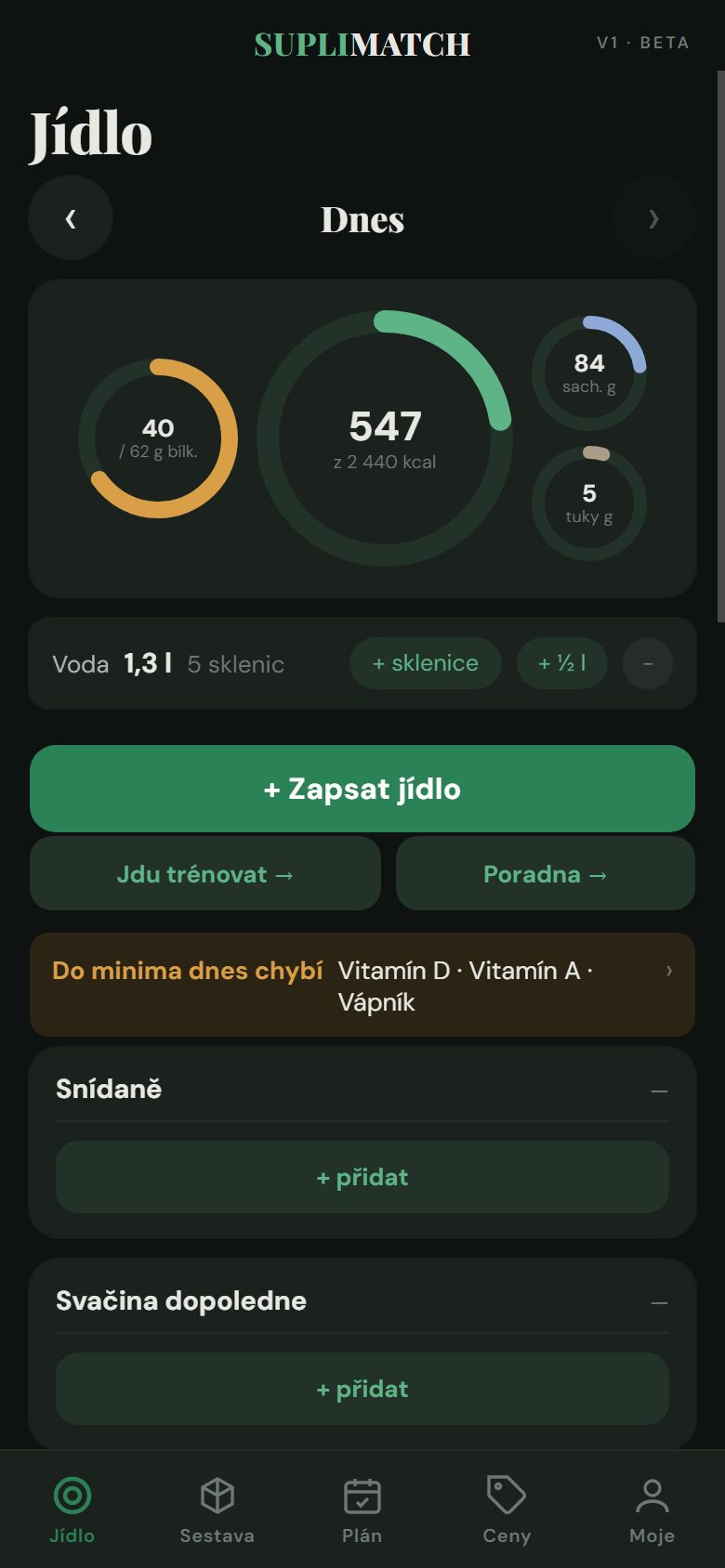 Appka Suplimatch — jídelníček s kroužky kalorií, bílkovin a vody