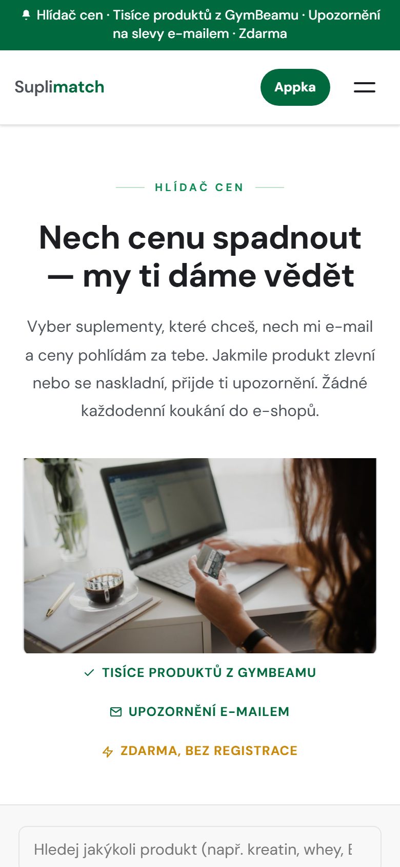 Hlídač cen Suplimatch — nech cenu spadnout, dáme ti vědět