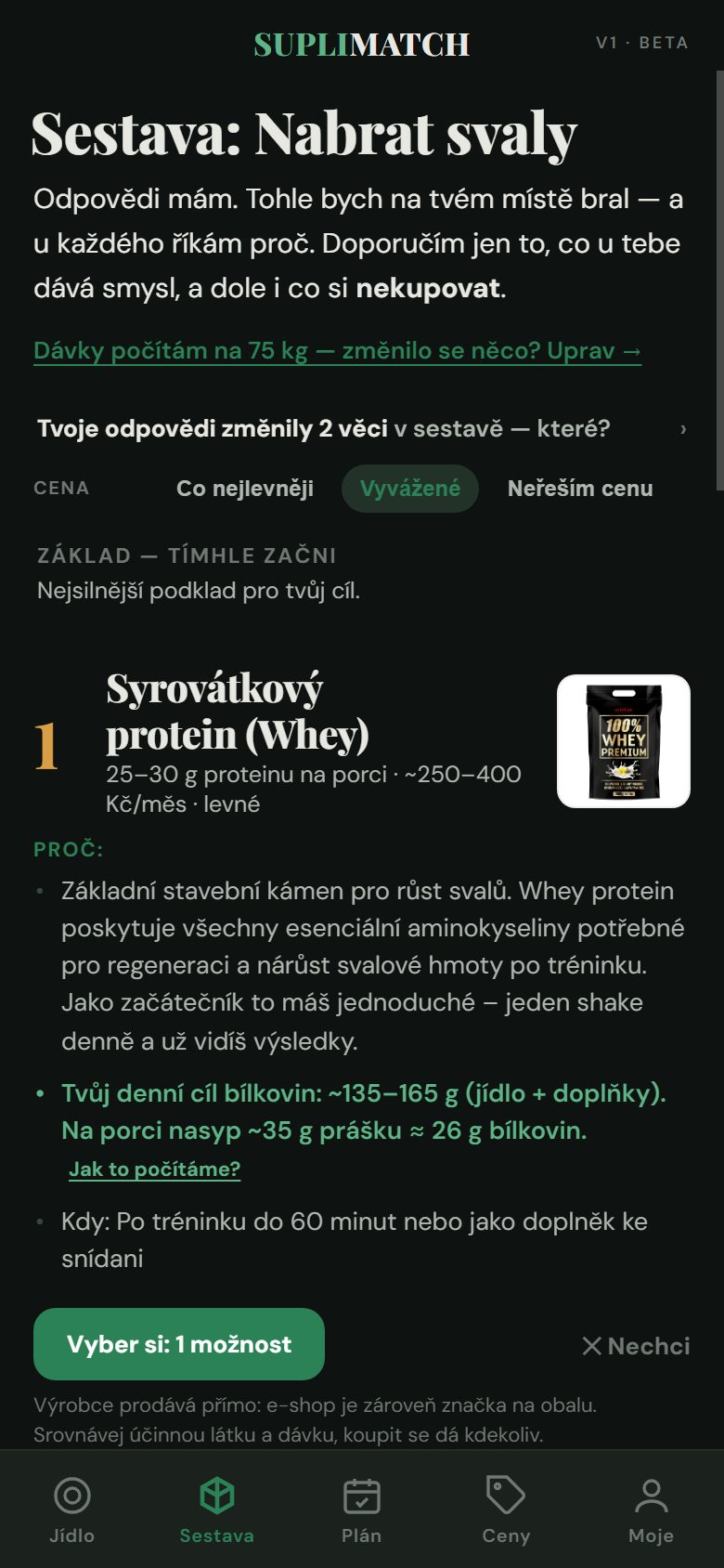 Sestava Suplimatch — vrstvy doporučení s dávkami a cenami